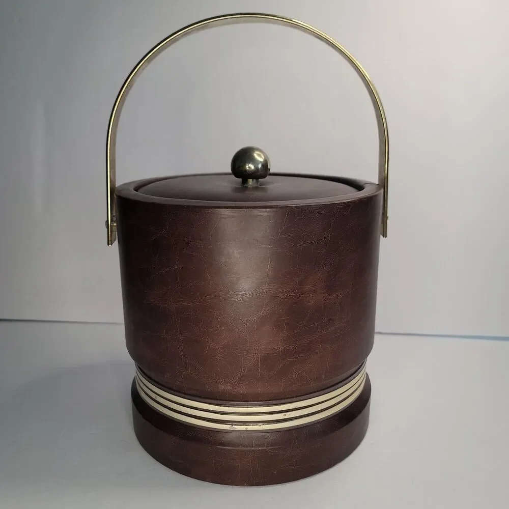 Vintage MCM Brown Vinyl Ice Bucket High Rise Brass Handle Retro Barware 8 In
